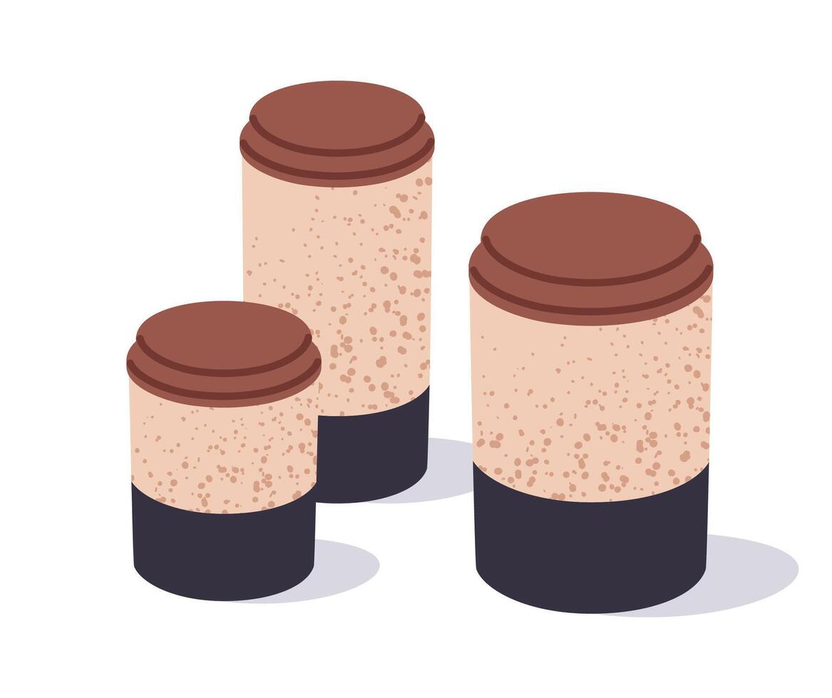 Storage jars. Empty food boxes for spices, cereal and pasta, food storing clay kitchenware jars flat illustration set. Household food containers vector
