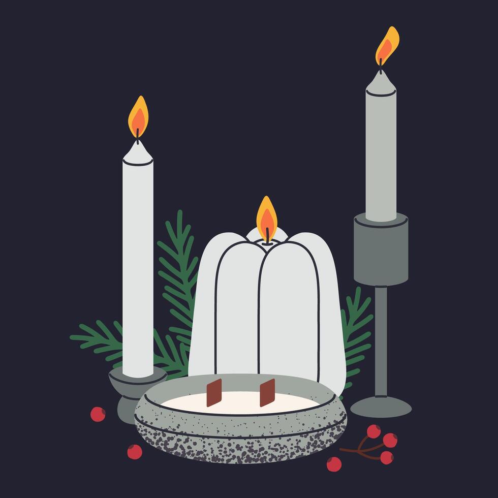 Candles with Christmas decorations. Scented Christmas aroma candles, Xmas holiday wax candles flat illustration. Winter holidays home decor vector