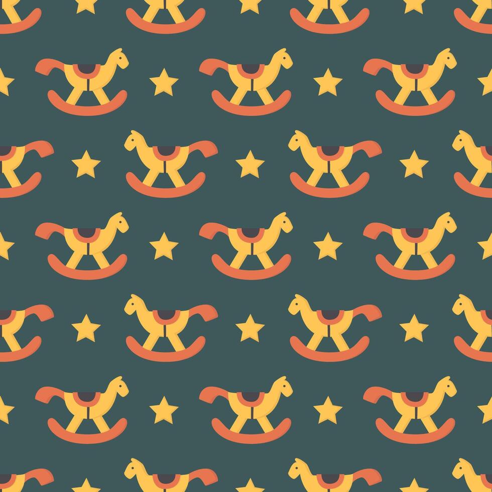 seamless repeating pattern toy horse on dark green background with yellow star decoration vector