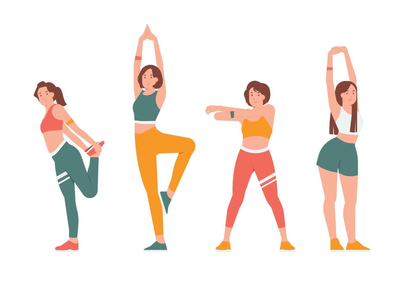 Set of sports people stretching workout training fitness in the gym, yoga exercise standing in different pose, healthy lifestyle and weight loss concept illustration vector