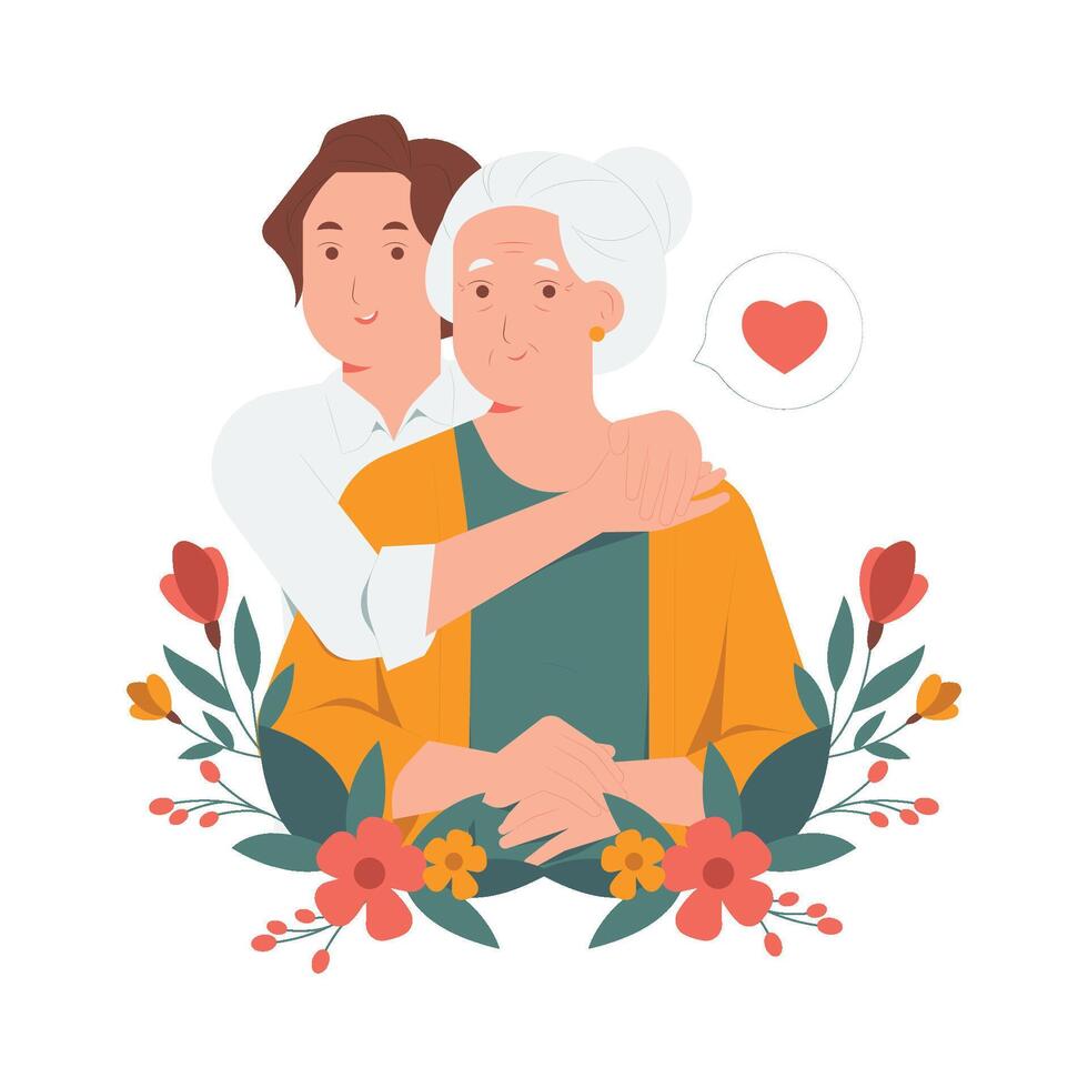 Happy Mother's Day smiling grey haired senior old mother with loving adult daughter embrace holding hand and hugging with love concept illustration vector