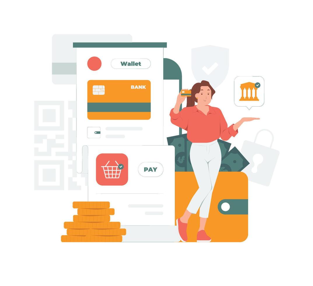 E wallet online transaction digital payment with woman standing and holding credit card concept illustration vector