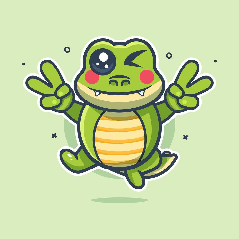 cute crocodile animal character mascot with peace sign hand gesture isolated cartoon vector