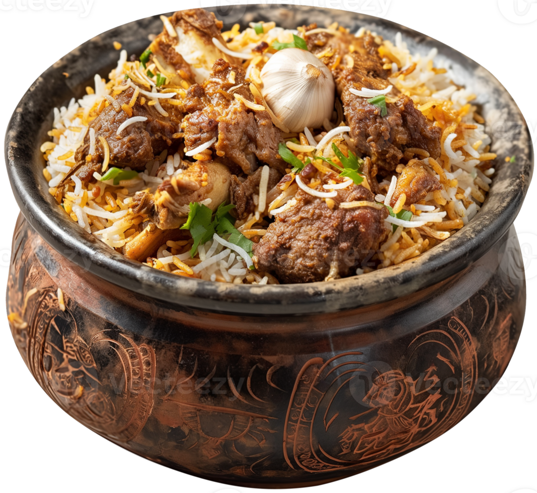 Biryani Dish - Desi Dum Biryani with mutton basmati rice isolated illustration on a transparent background png