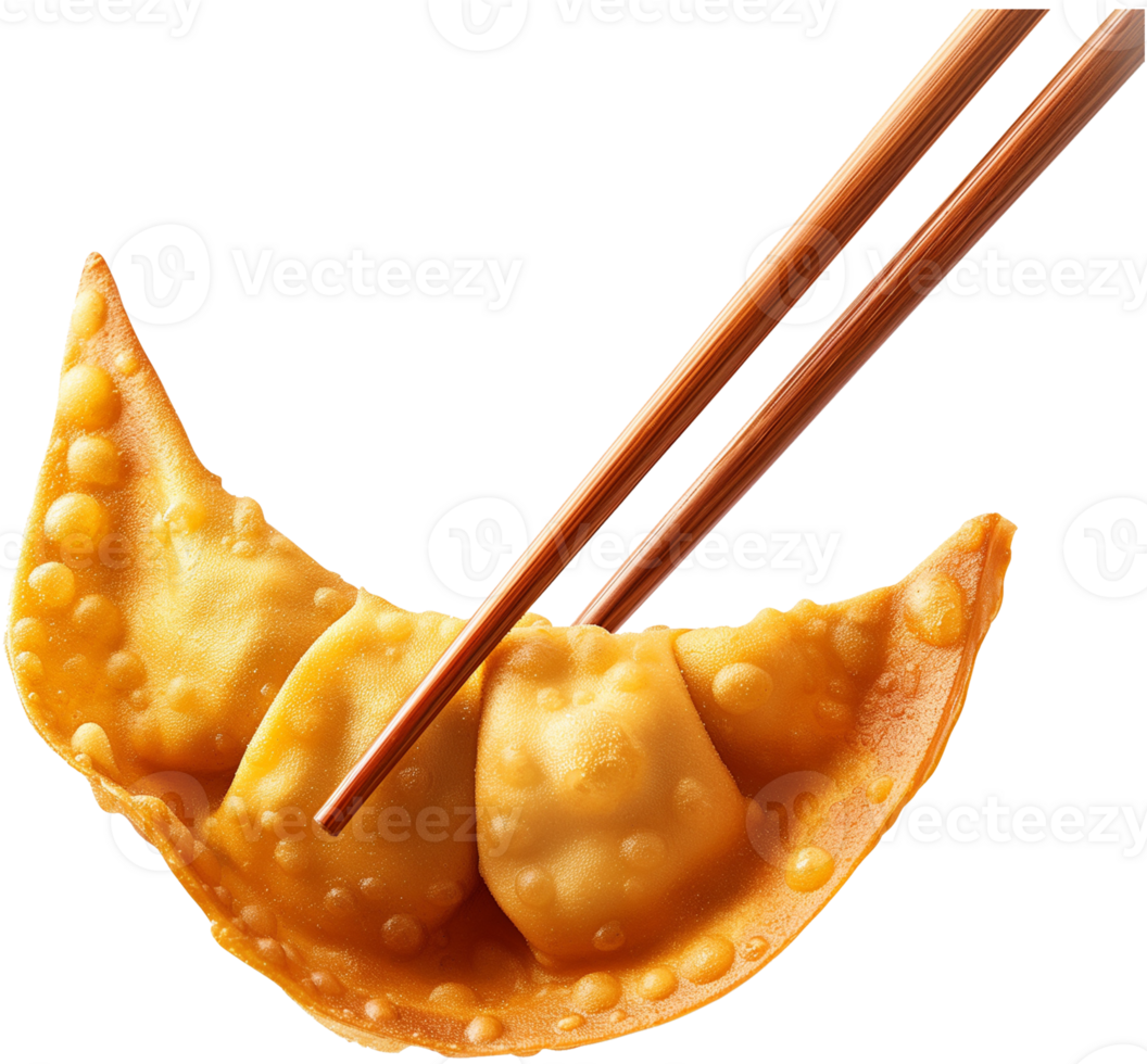 Jiaozi Food Clipart - A fried Wonton in chopsticks isolated illustration on a transparent background png
