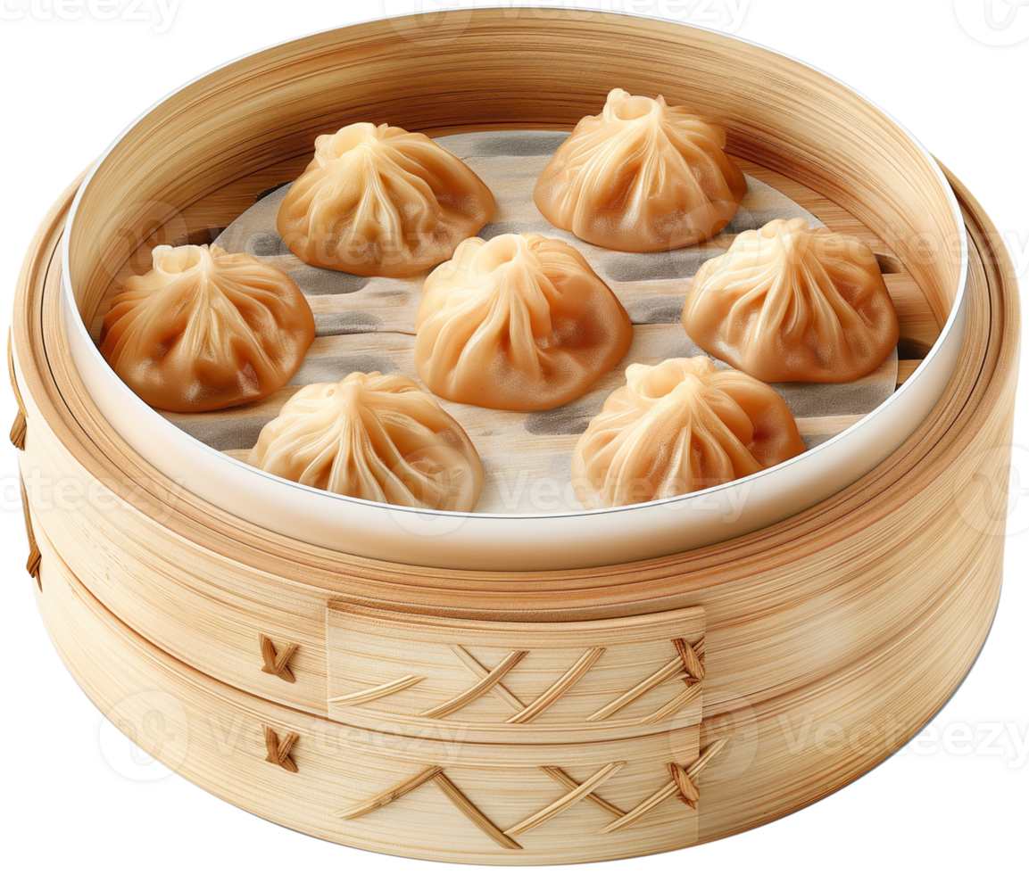 Delicious dim sum in a bamboo steaming basket isolated illustration on a transparent background png