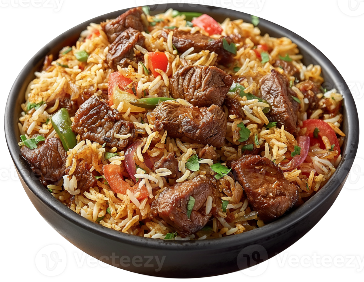 Biryani Dish - tasty beef biryani in a bowl isolated illustration on a transparent background png