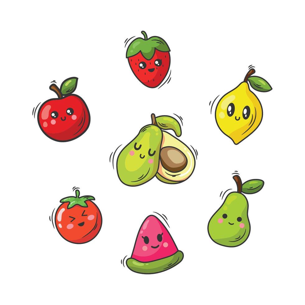 Funny fruit kawaii icons set. illustrationisolated on white background. vector