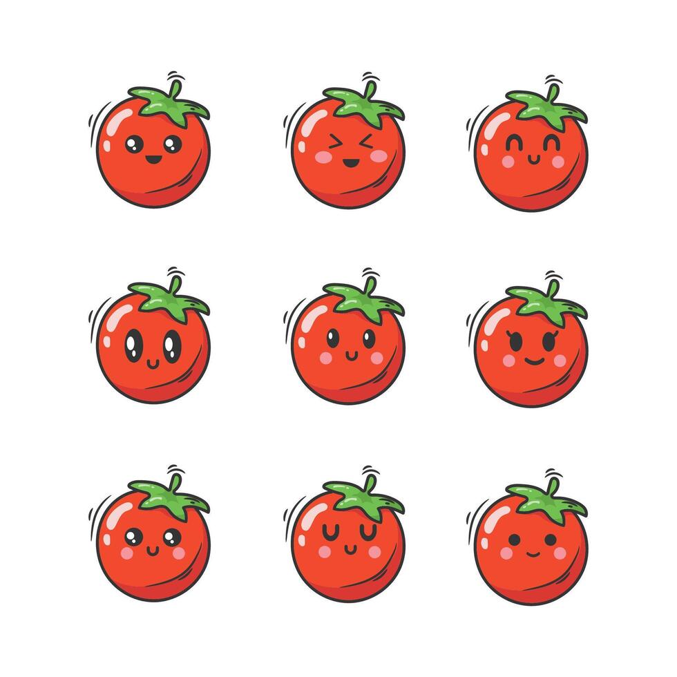 Set of kawaii tomatoes with different emotions. illustration. vector