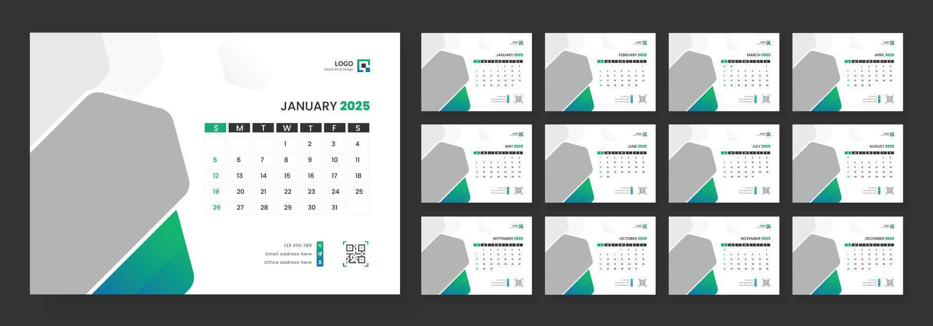Desk Calendar Template 2025, Calendar 2025 corporate template design set, 12 months included vector