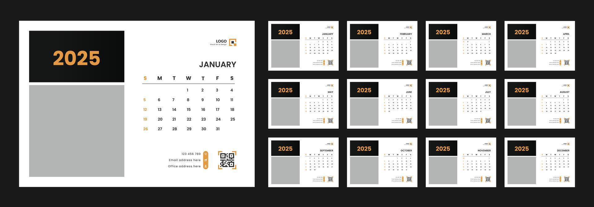 Desk calendar design template 2025, Monthly planner design in corporate and business style, Week start on Sunday vector