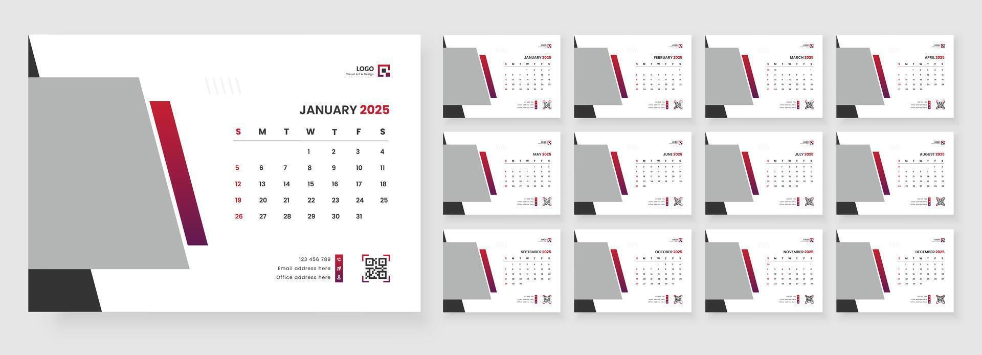 Desk Calendar Template 2025, Calendar 2025 corporate template design set, 12 months included vector