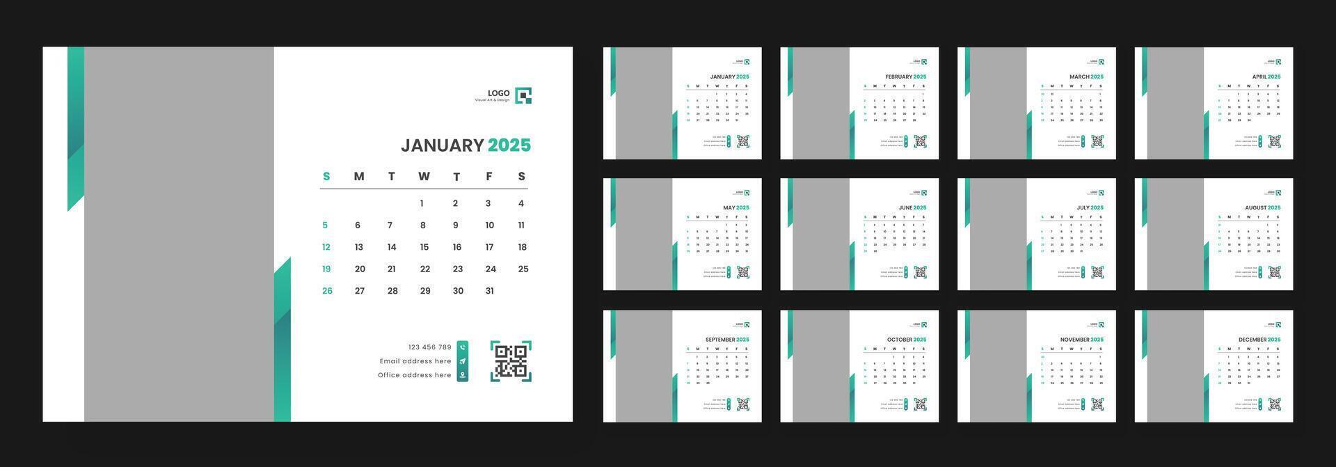 Desk calendar design template 2025, Monthly planner design in corporate and business style, Week start on Sunday vector