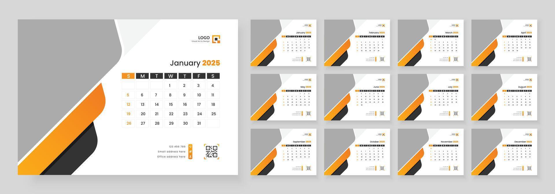 Desk Calendar Template 2025, Calendar 2025 corporate template design set, 12 months included vector