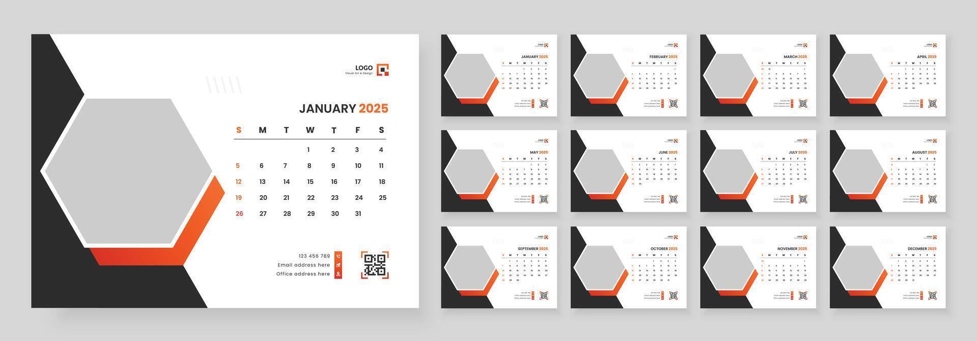 Desk Calendar Template 2025, Calendar 2025 corporate template design set, 12 months included vector