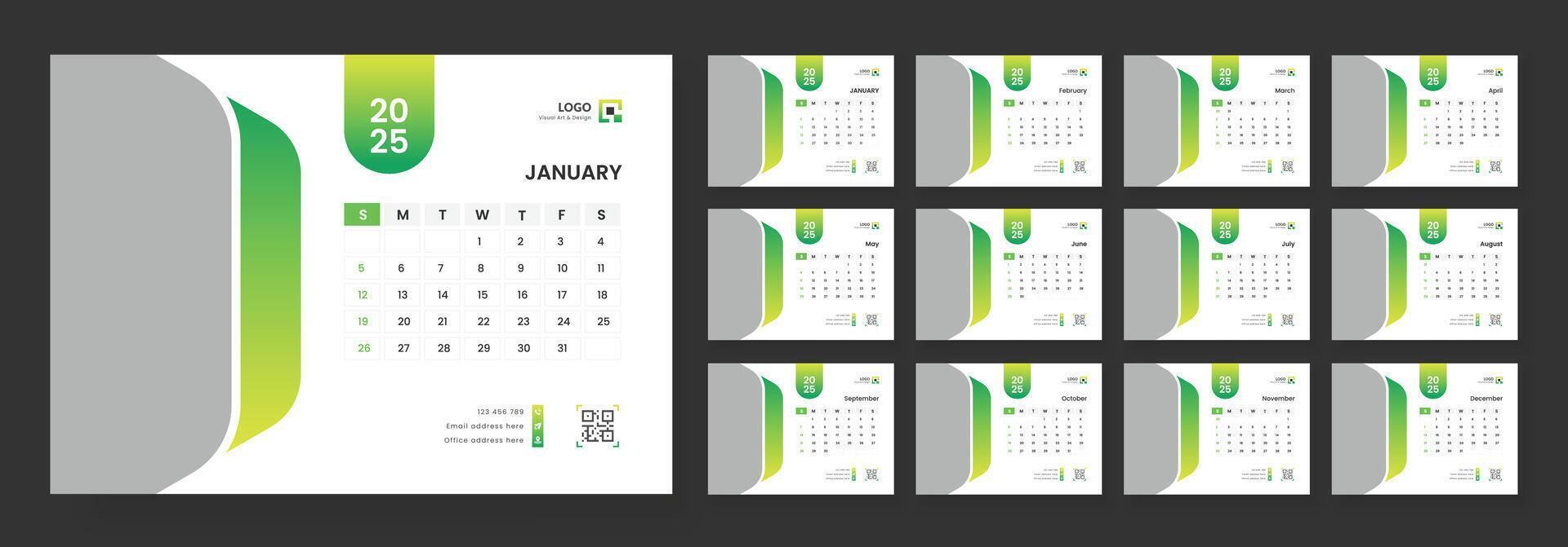Calendar 2025 corporate template design set. Monthly planner design in corporate and business style, 12 months included. vector