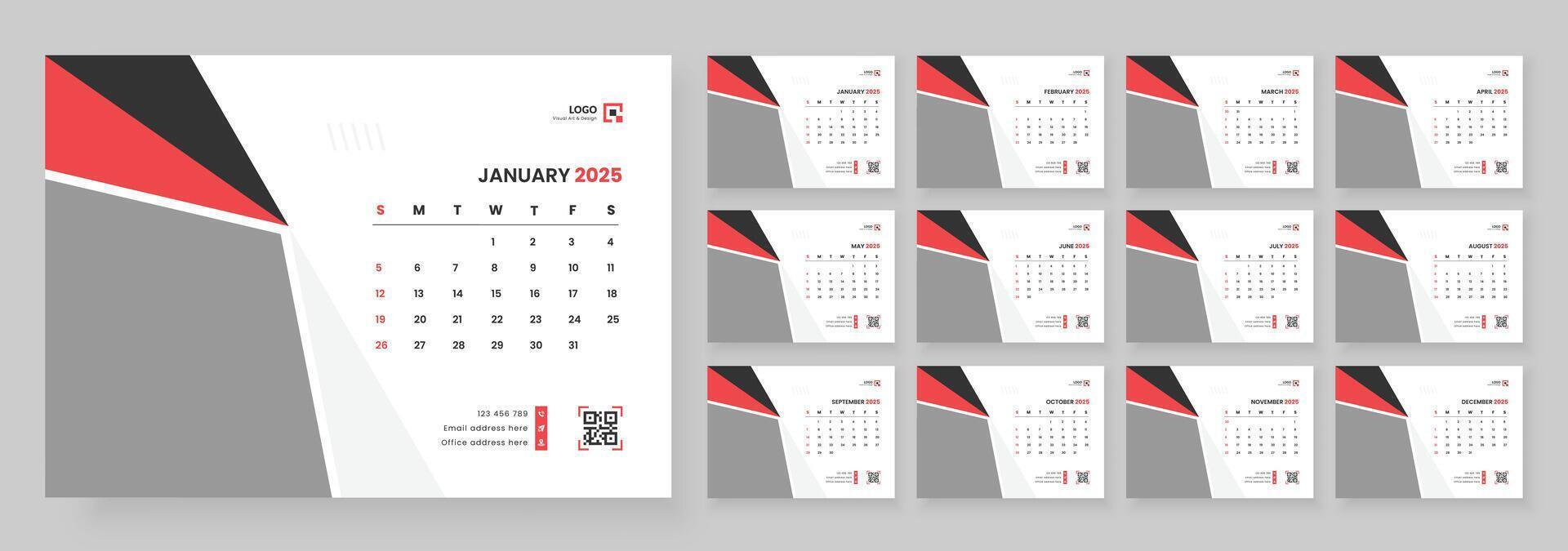 Desk calendar design template 2025, Monthly planner design in corporate and business style, Week start on Sunday vector