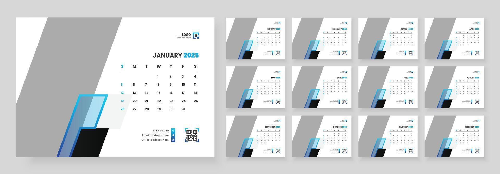 Desk Calendar Template 2025, Calendar 2025 corporate template design set, 12 months included vector