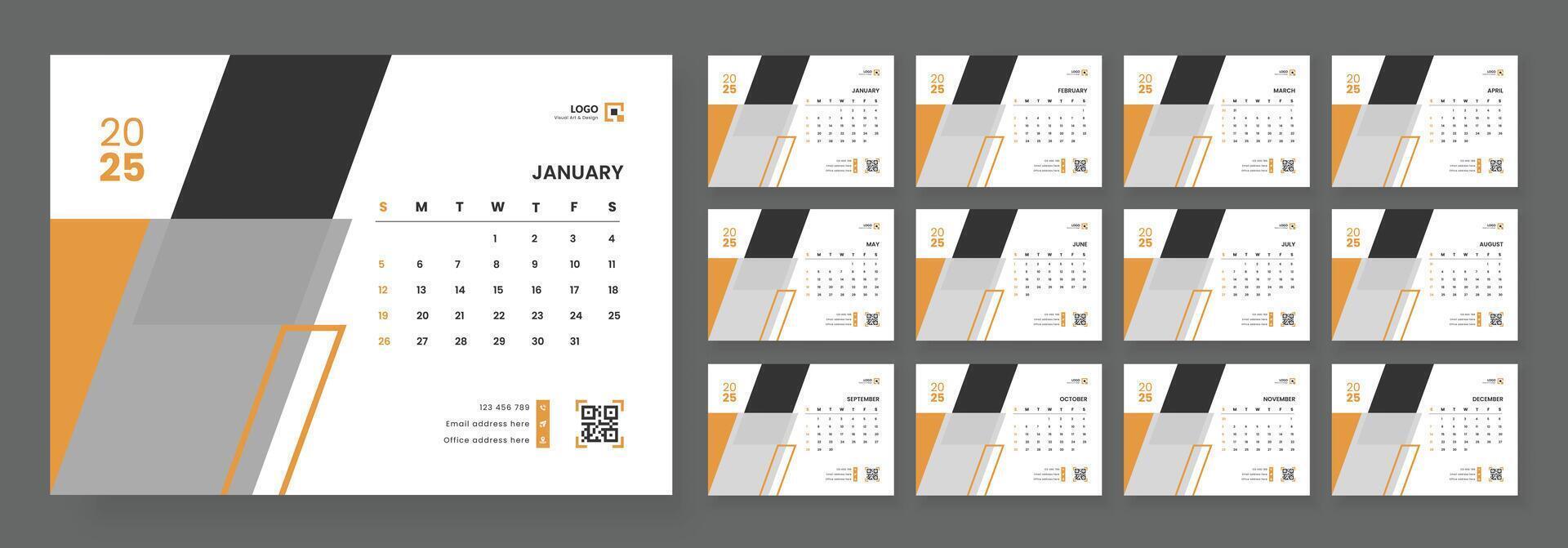 Desk Calendar Template 2025, Calendar 2025 corporate template design set, 12 months included vector