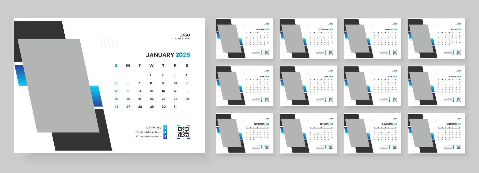 Calendar 2025 corporate template design set. Monthly planner design in corporate and business style, 12 months included. vector