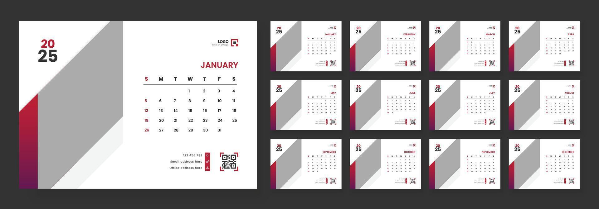 Desk Calendar Template 2025. Week start on Sunday. Minimalist desk calendar 2025 template. vector