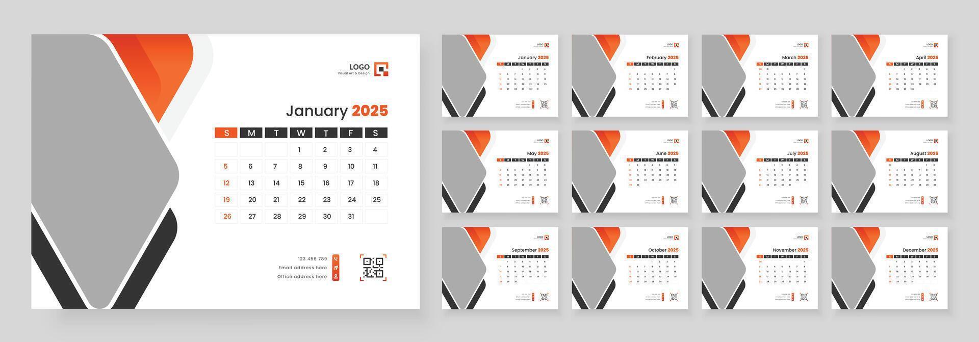 Desk Calendar Template 2025. Week start on Sunday. Minimalist desk