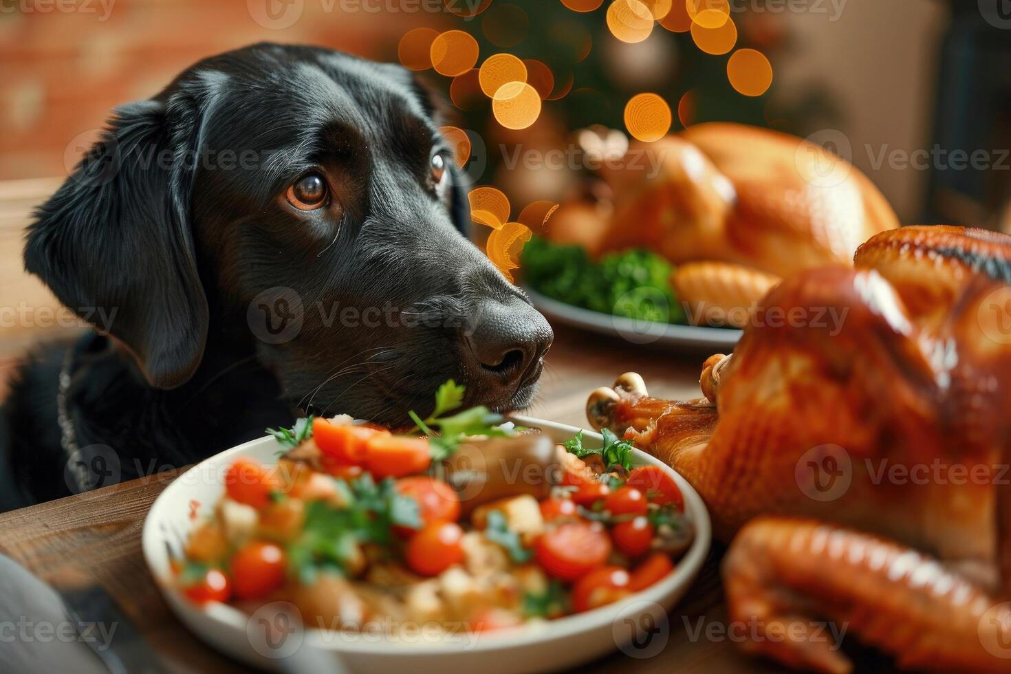Serving the Thanksgiving table. A black dog looks with appetite at the symbol of the holiday - a hot delicious baked turkey with a golden crust and a plate of salad. photo