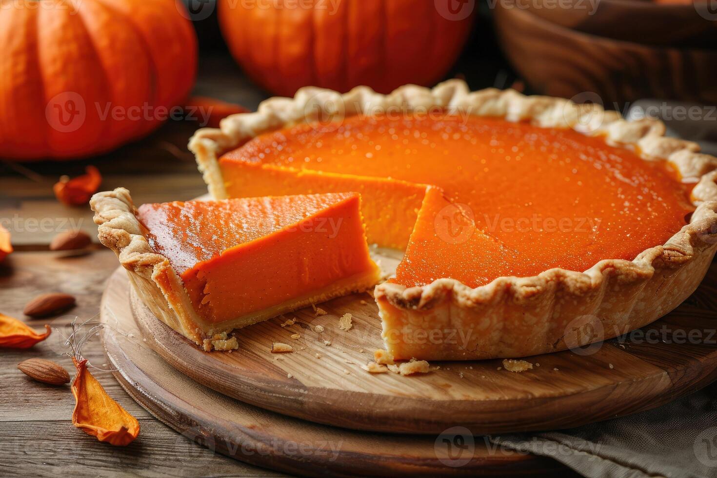 Appetizing pumpkin pie with a cut piece on a wooden board. Menu, recipe for Thanksgiving. Traditional autumn baking photo