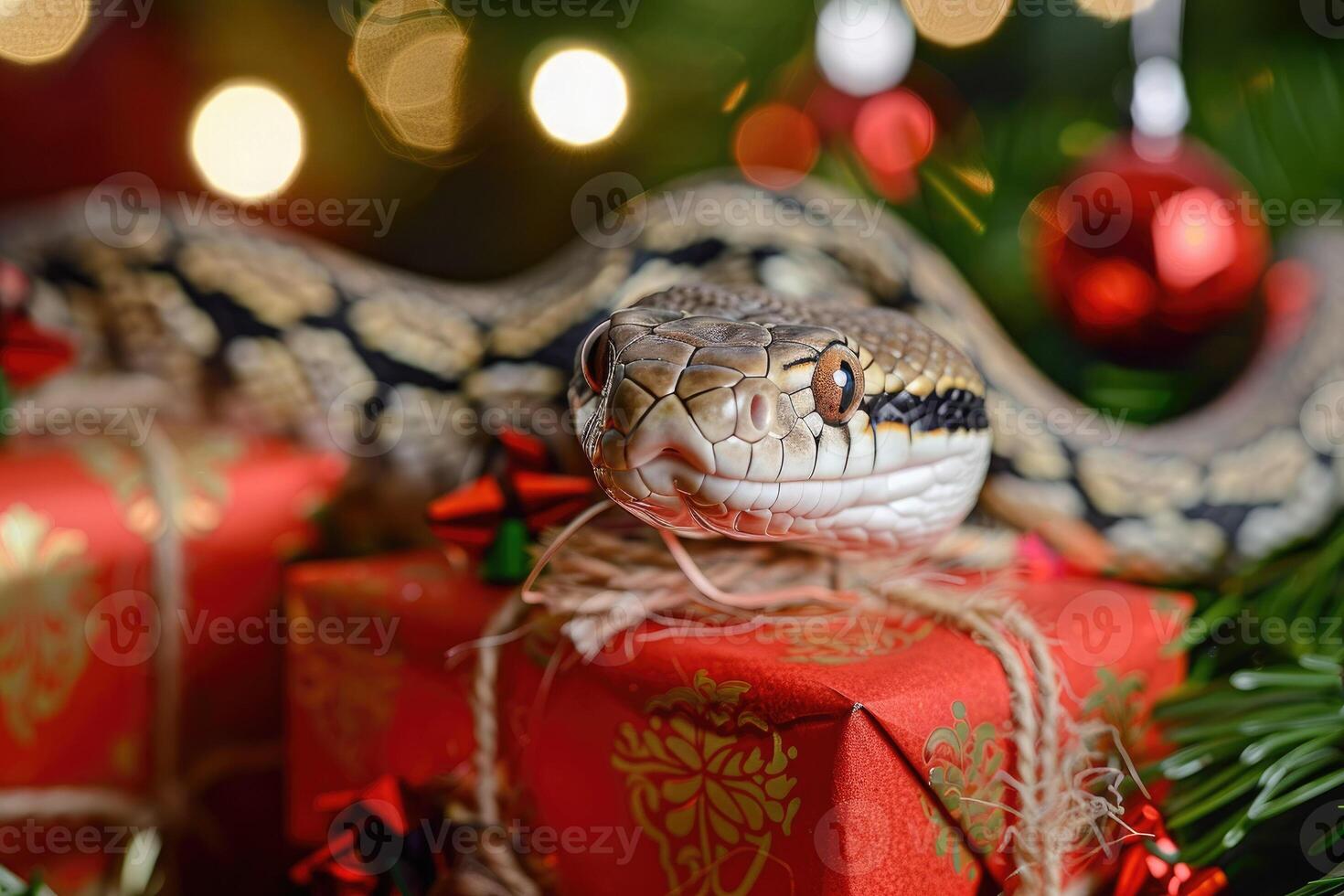 A holiday snake slithers across a beautifully wrapped Christmas gift adorned with holiday decorations and twinkling lights. Chinese New Year 2025 symbol, Christmas card photo