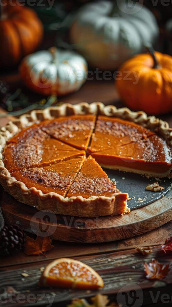 freshly baked pumpkin pie sits on a rustic wooden board decorated with fall leaves and mini pumpkins. The bright orange filling and golden, flaky crust create a warm, cozy fall atmosphere photo