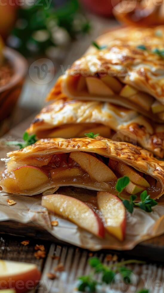 Appetizing golden brown baked strudel with apples and golden puff pastry crust cut into pieces close-up. Vertical image of baked goods photo