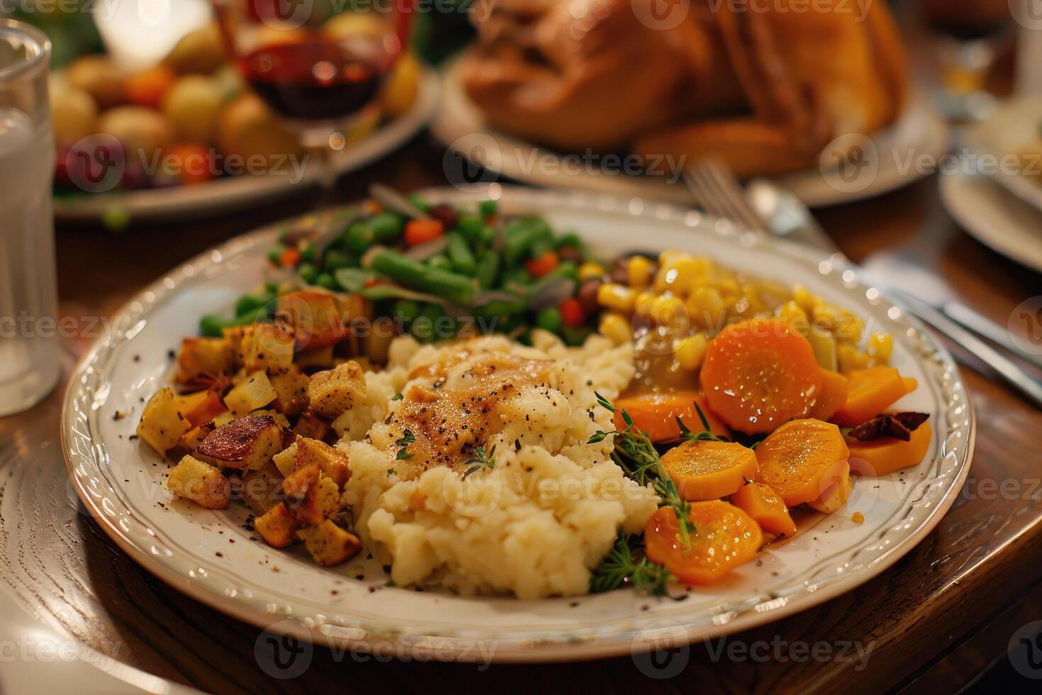 A plate full of delicious homemade food, baked vegetables, carrots, porridge, potatoes on the background of a Festive table with turkey and a variety of dishes for Thanksgiving. photo