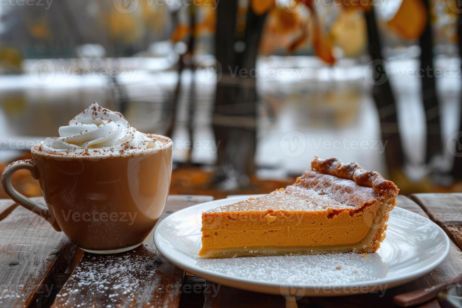A piece of delicious pumpkin pie on a plate with aromatic cocoa hot chocolate and cream. Snack in the fresh air on the open terrace of a cafe in an autumn park photo