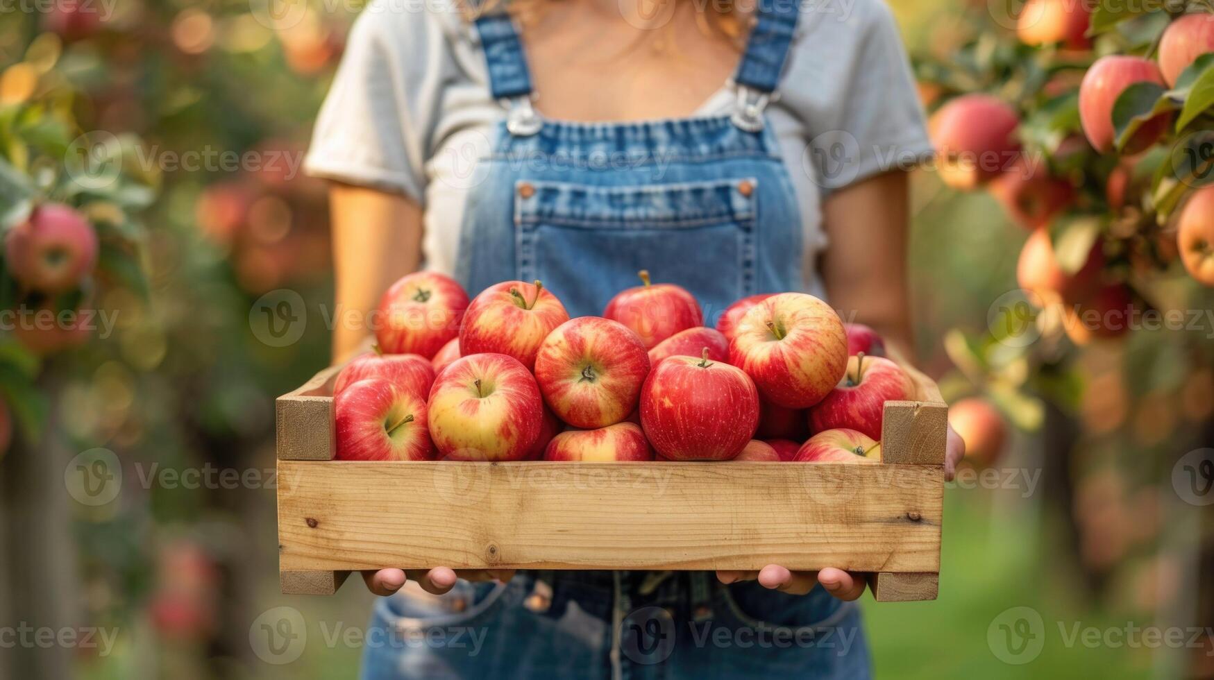 Close-up of a female farm worker's hands holding a box of fresh ripe organic apples at the farm. Harvest time photo
