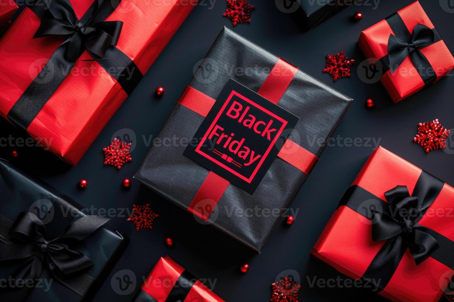 Dark luxury background with gift box with red ribbon and the inscription Black Friday. Background for a postcard, flyer or advertisement. Discounts, promotions and sales. photo