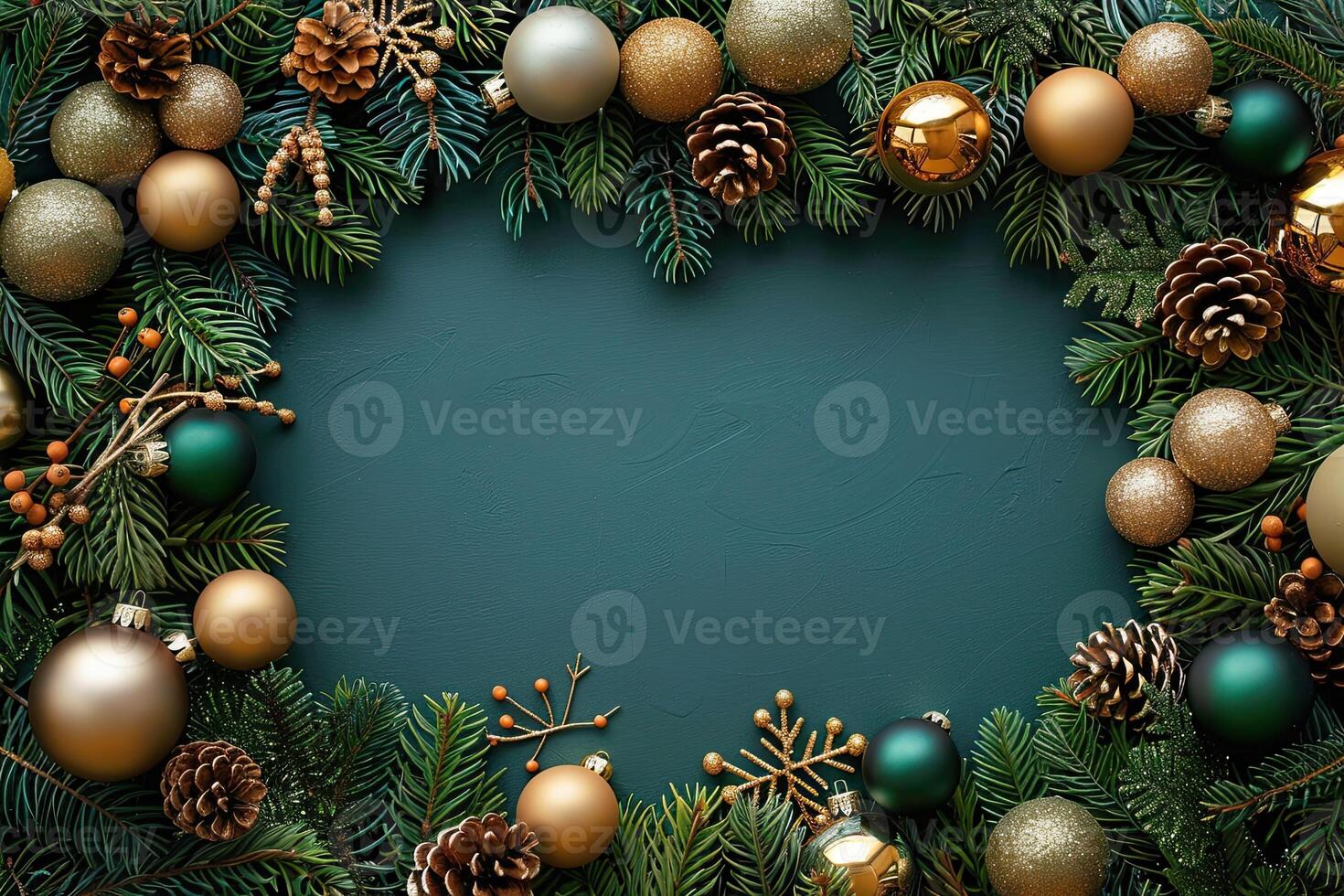 Festive Christmas frame with evergreen fir branches decorated with pine cones, New Year's decorative balls with copy space. Christmas, New Year background for congratulations photo