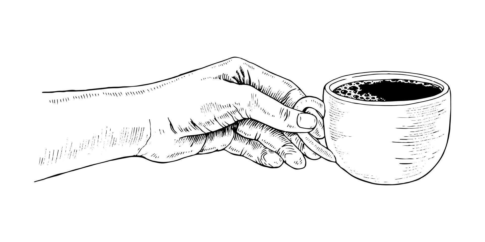 Cup of Coffee in Hand. hand drawn illustration. Hot drink sketch drawing. Vintage black line art on white background. Food clipart for graphic design. Print for bakery vector