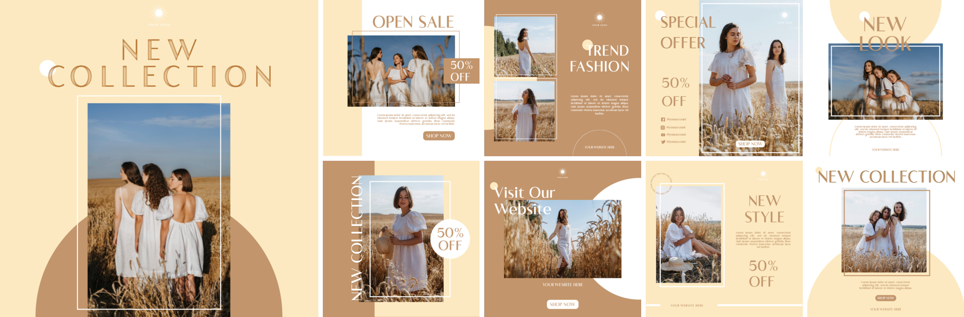 Beauty luxury brown set fashion social media post template bundle psd