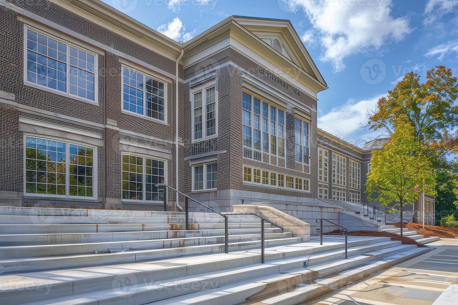 Exterior of a modern school building with stairs going up and down photo