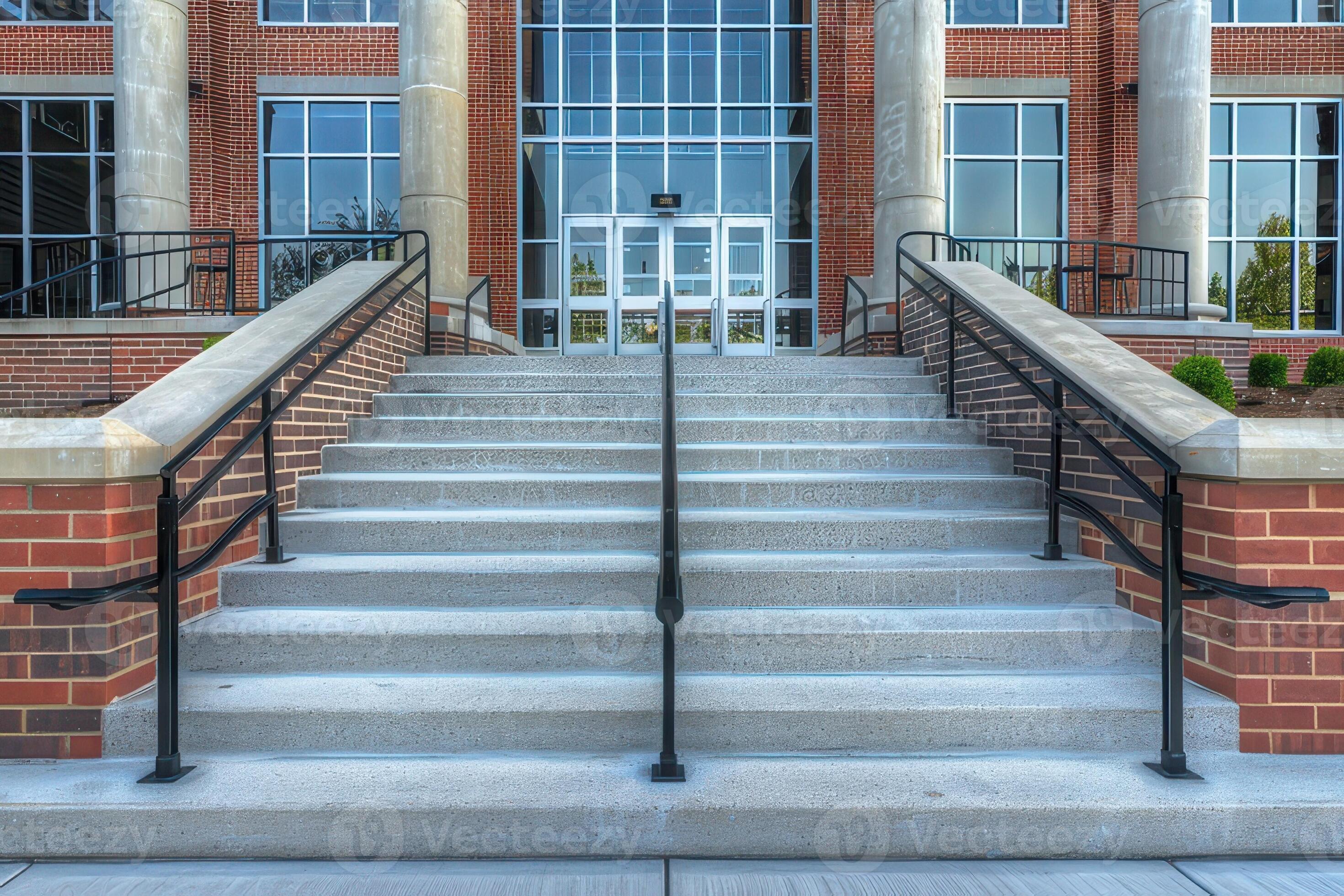 Exterior of a modern school building with stairs going up and down