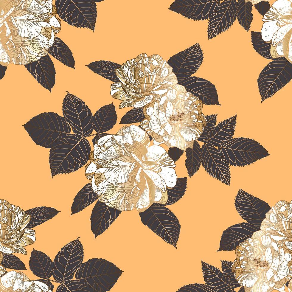 Seamless Luxury Half Drop Pattern with White and Gold Roses and Dark Grey Leaves on Peach Beige Background. Great for Textiles, Surfaces, Wallpapers, Wrapping Papers, Fabrics, Prints, Package Design. vector