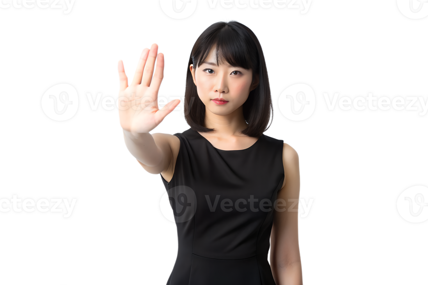 A sophisticated Japanese girl in a sleek black dress gracefully raises her hand in a gentle yet firm stop gesture, transparent background png