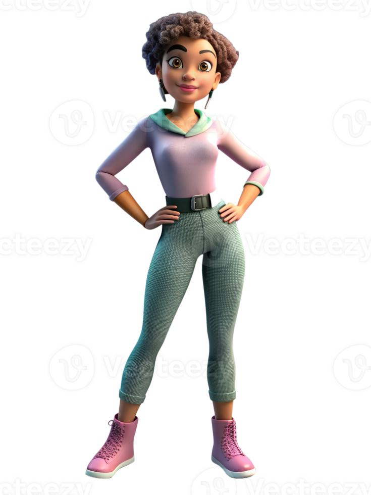 Stylish 3d render fashionista of black woman posing png