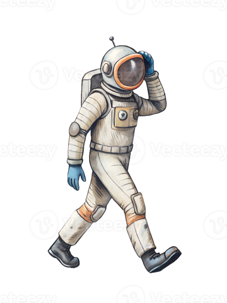 drawing style of an Astronaut walking with a straight back, head held high, and a determined look, expressing confidence png