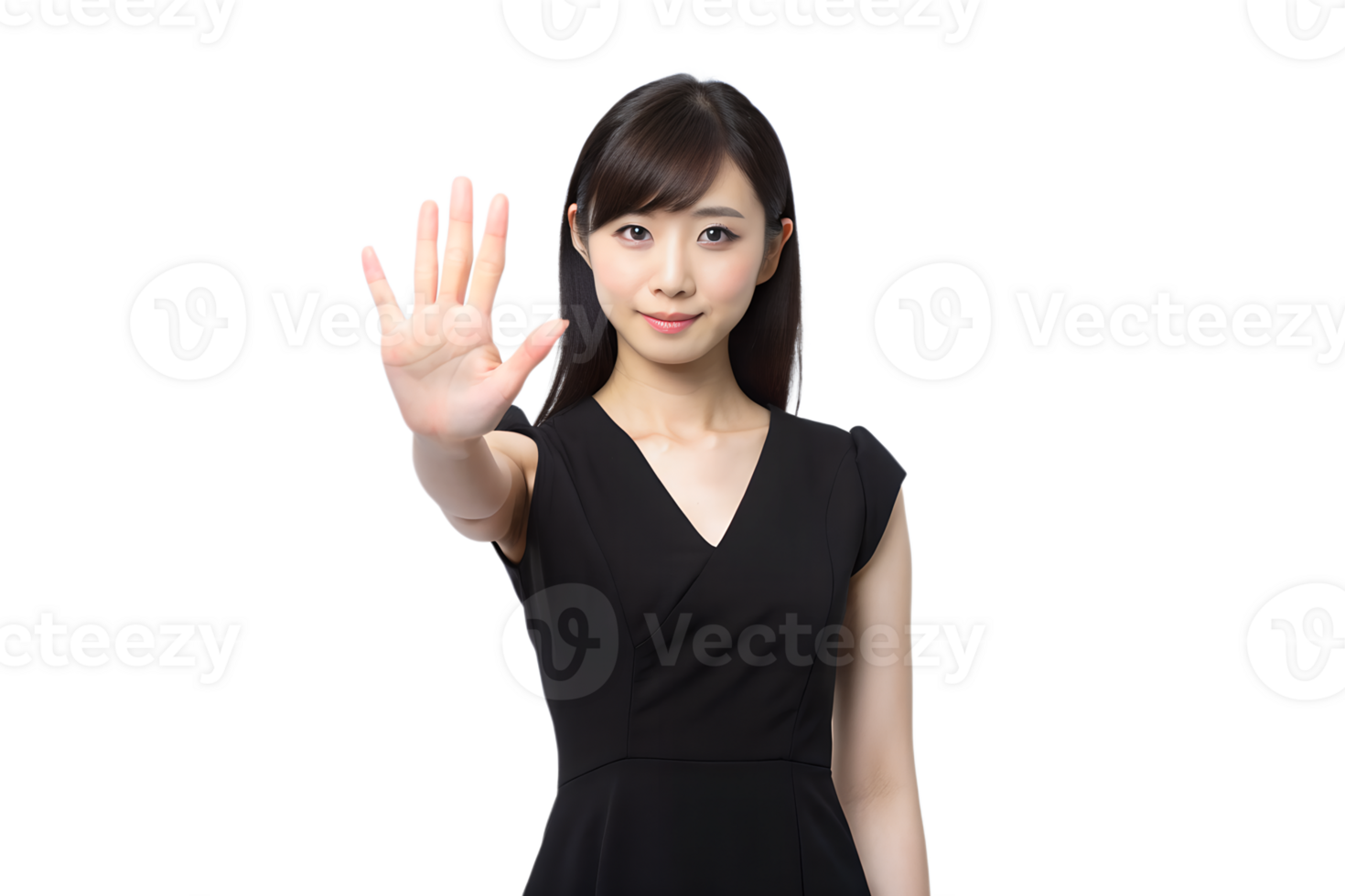 A sophisticated Japanese girl in a sleek black dress gracefully raises her hand in a gentle yet firm stop gesture, transparent background png