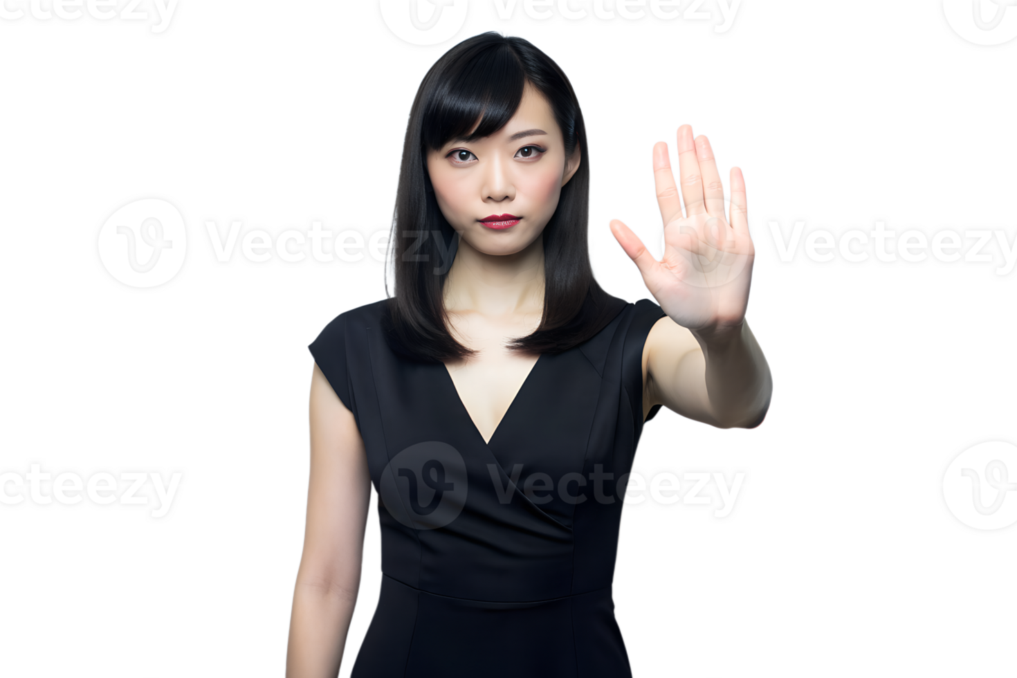 A sophisticated Japanese girl in a sleek black dress gracefully raises her hand in a gentle yet firm stop gesture, transparent background png