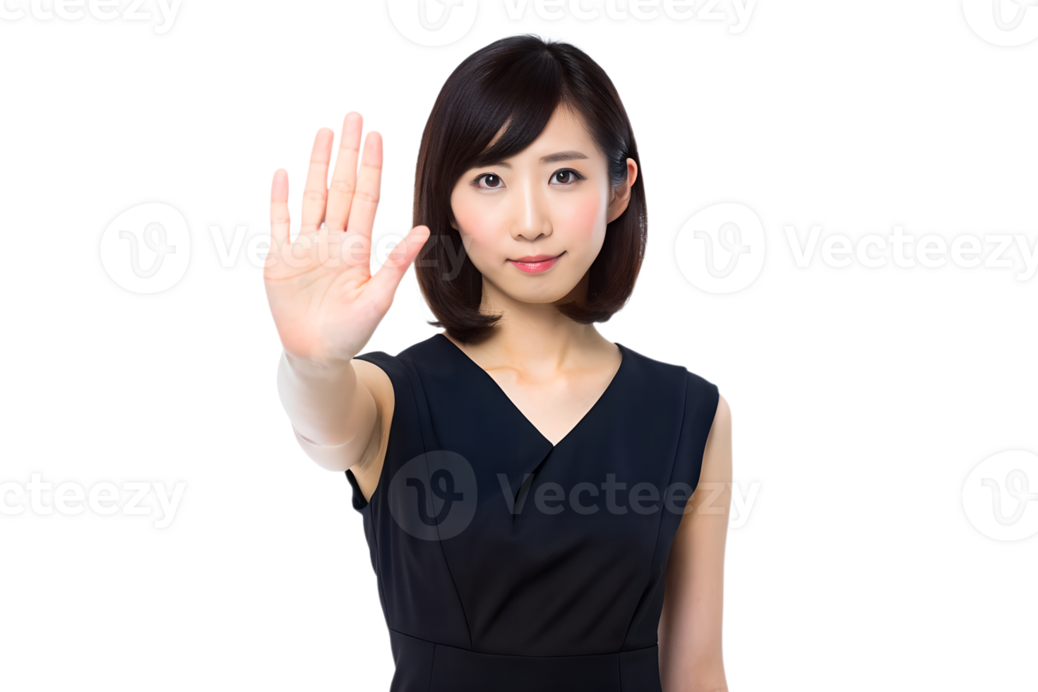 A sophisticated Japanese girl in a sleek black dress gracefully raises her hand in a gentle yet firm stop gesture, transparent background png