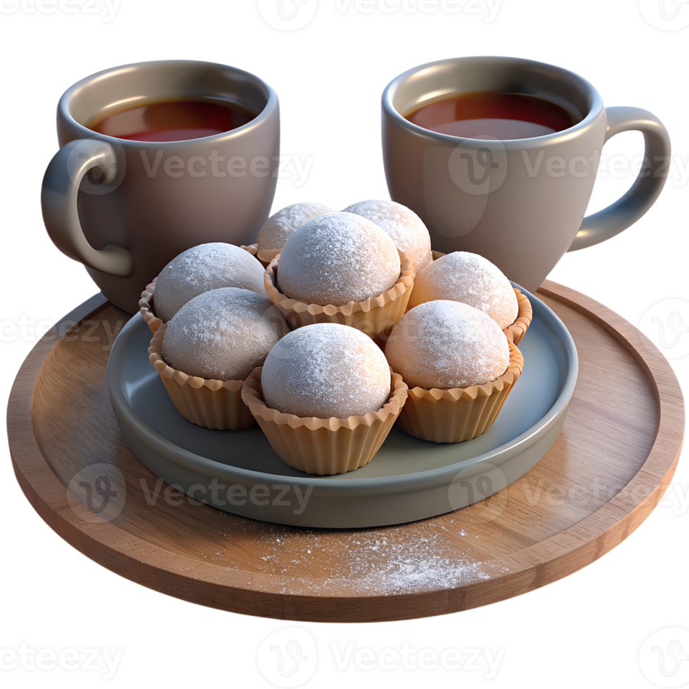 3D render style of Mini mince pies dusted with powdered sugar, set on a rustic plate with a cup of hot tea png