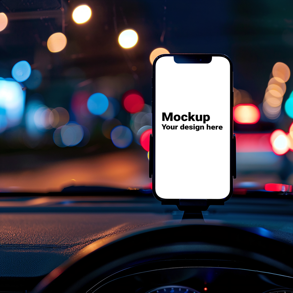 Mockup of black smartphone in car on road background psd
