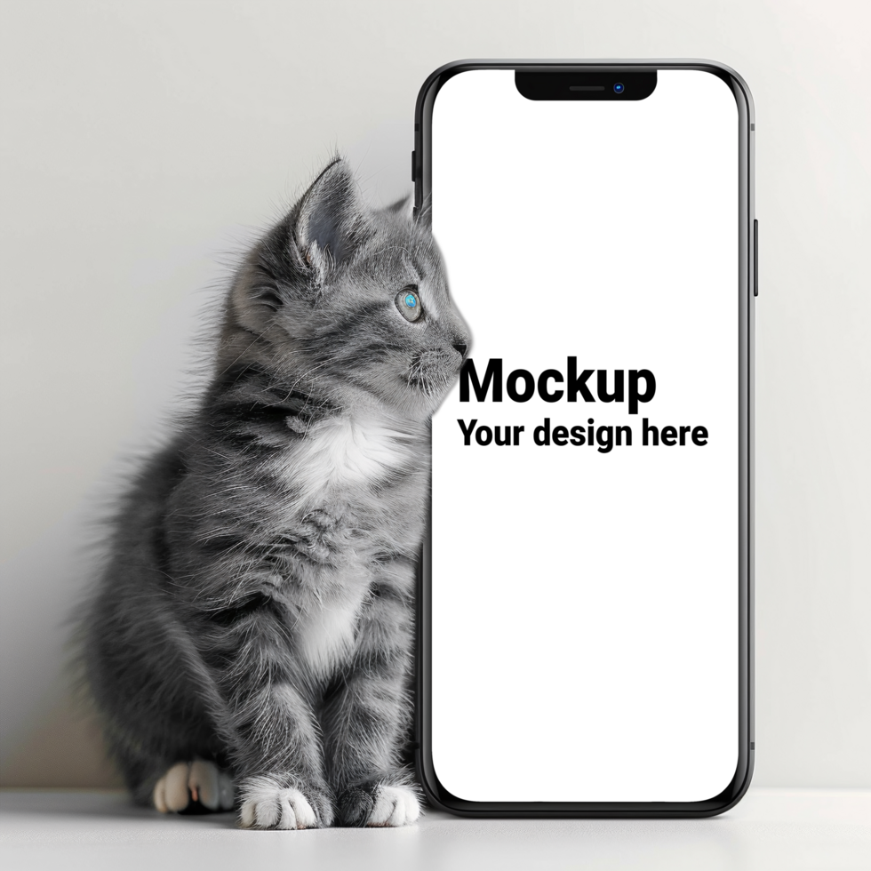 Mockup of black smartphone next to cat psd
